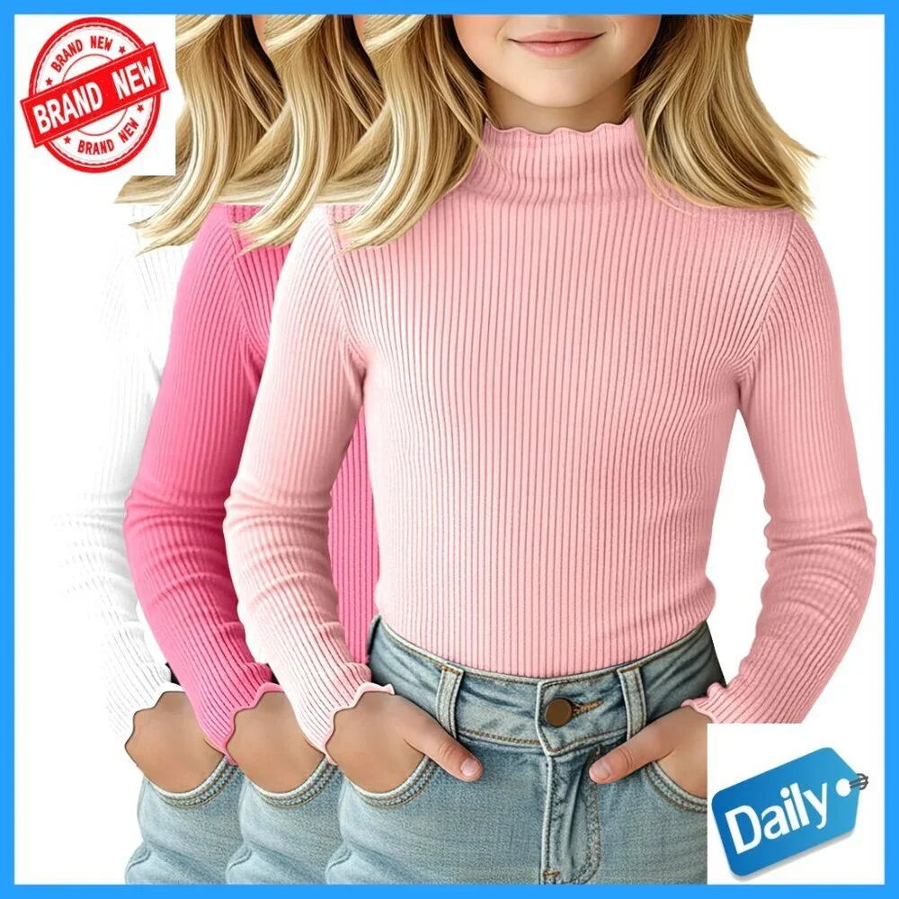 Girls 3 Pack Lettuce Trim Mock Neck Long Sleeve Cotton Tees 5-14Y Slim Fit